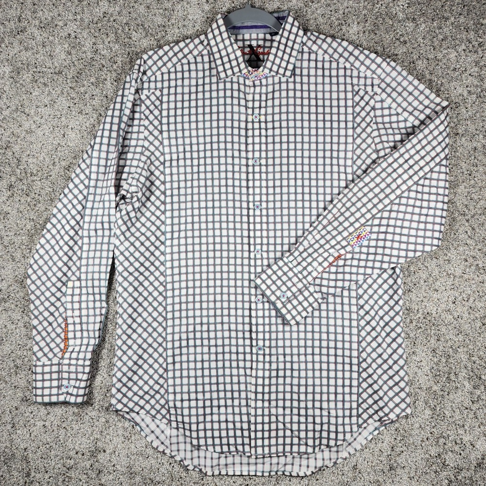 Robert Graham Button Down Shirt Mens Large White Grid Contrast Trim Excellent